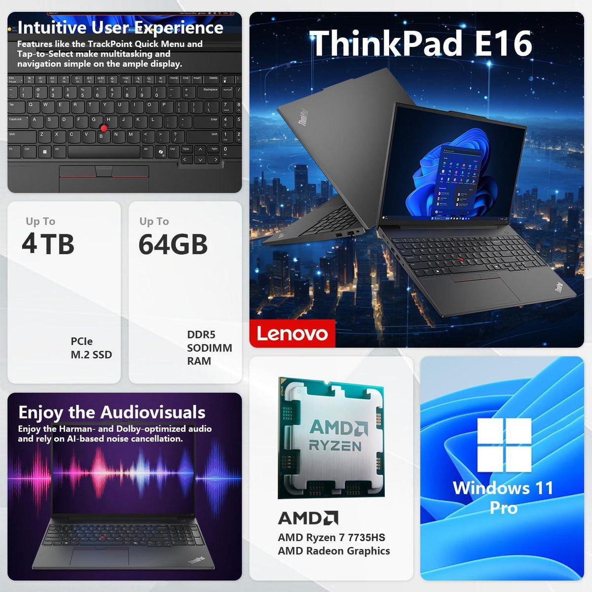 Lenovo ThinkPad E16 Gen 2 Business Laptop Computer, AMD 8-Core Ryzen 7 7735HS (Beat i7-1355U), 32GB DDR5 RAM, 1TB PCIe SSD, 16" FHD+, WiFi 6, Backlit KB, Fingerprint Reader, Windows 11 Pro, Vent-Hear