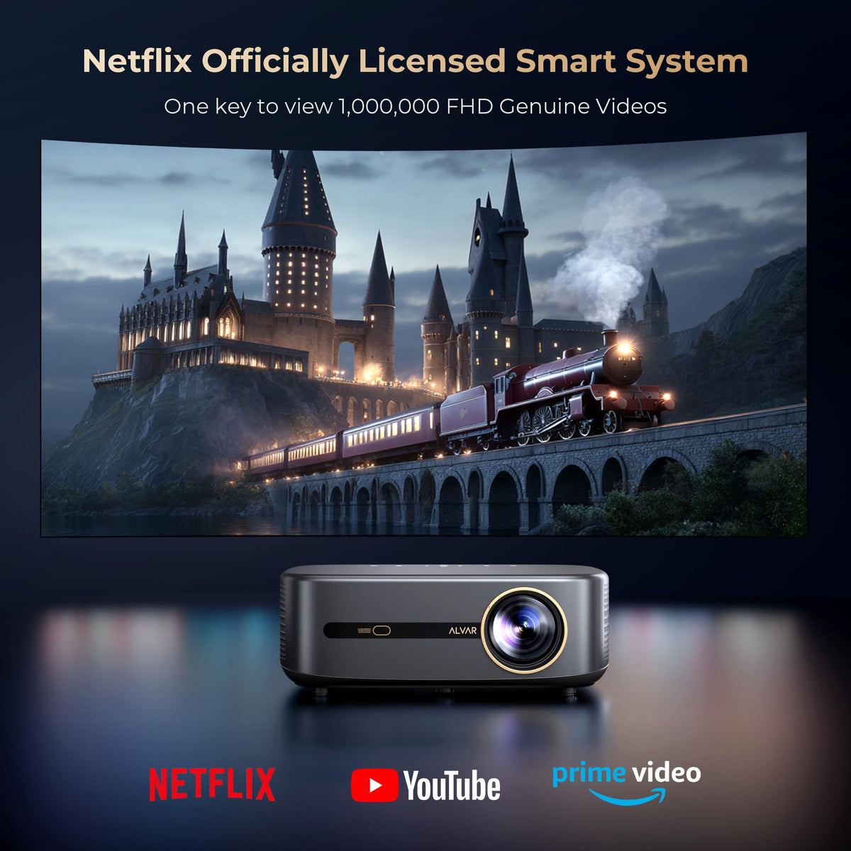 [1000 ANSI & Audio by DBX-TV] Alvar Projector with WiFi 6 and Bluetooth, 30W Speakers, NetfIix Certified & DoIby Audio Outdoor Proyector, Auto Focus Native 1080P Smart Projector, Black