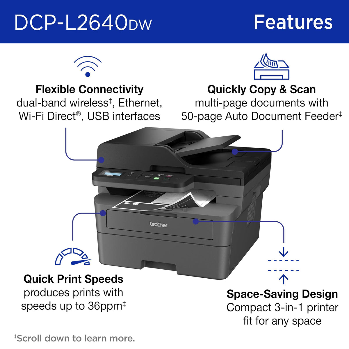 Brother DCP-L2640DW Wireless Compact Monochrome Multi-Function Laser Printer with Copy and Scan, Duplex, Mobile, Black & White | Includes Refresh Subscription Trial(1), Works with Alexa