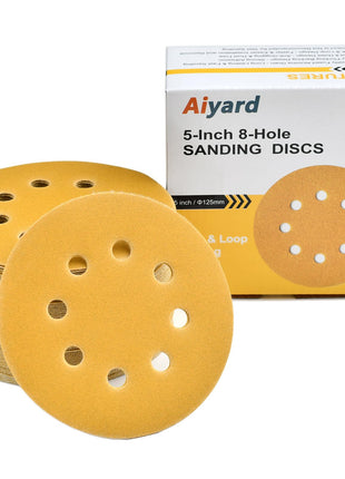 Aiyard 5-Inch 8-Hole Hook and Loop Sanding Discs 220-Grit Random Orbit Sandpaper, 50-Pack