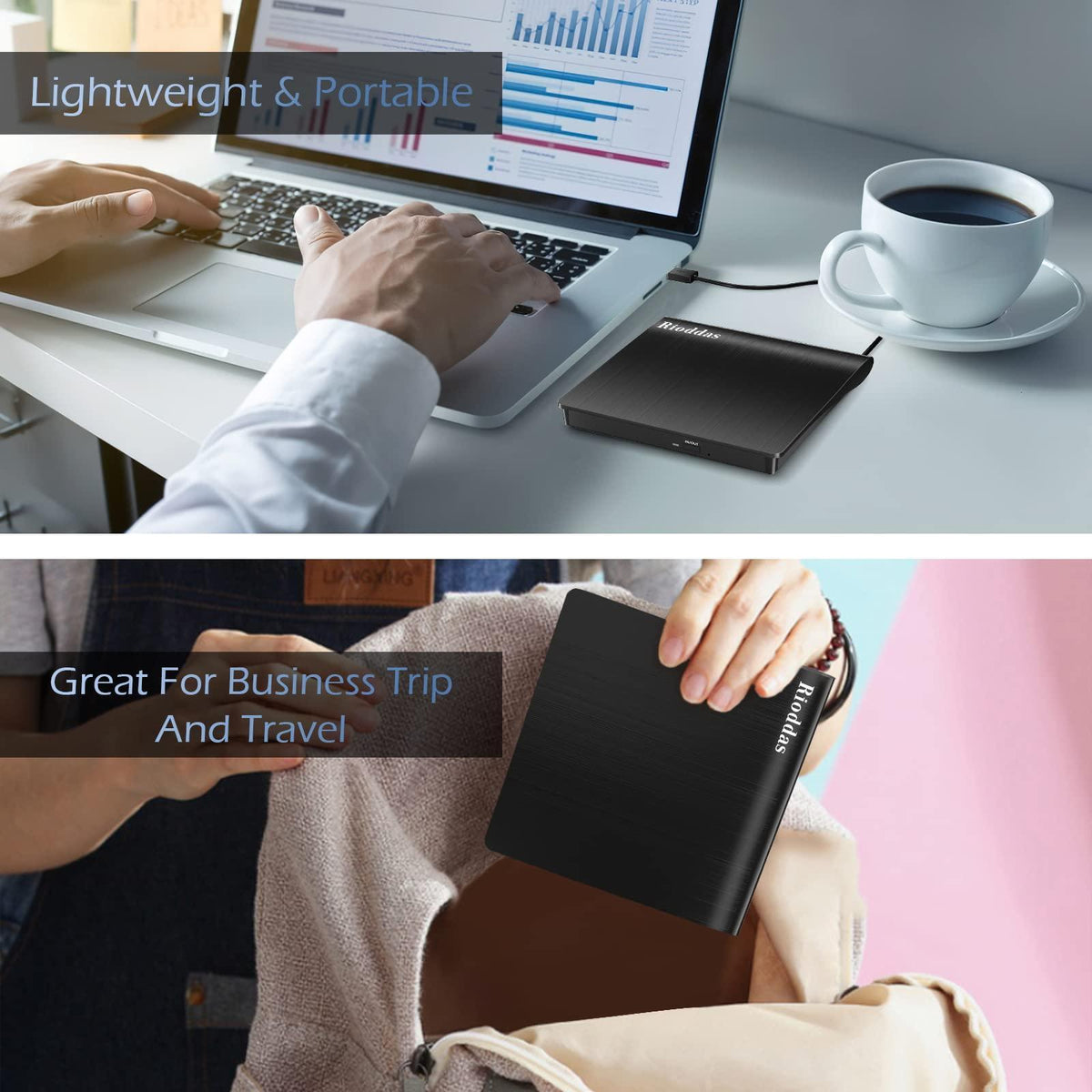 Rioddas External CD/DVD Drive for Laptop, USB 3.0 CD DVD Player Portable +/-RW Burner CD ROM Reader Writer Disk Duplicator Compatible with Laptop Desktop PC Windows Apple Mac Pro MacBook Linux
