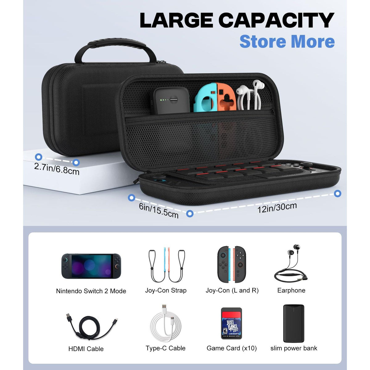 MoKo Carrying Case for Nintendo Switch 2 2025, Protective Hard Shell Portable Travel Carry Case Pouch Holds 10 Cartridges w/Pockets for Switch 2 Accessories and Games, Black