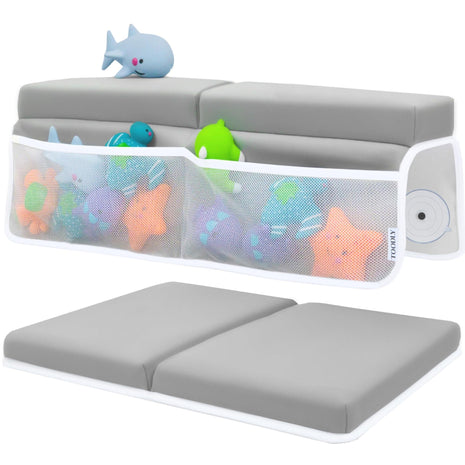 Comfortable Baby Bath Kneeler and Elbow Rest Pad Set - 1.5 Inch, Grey | Memory foam core, bathtub kneeling pad for bathing infants to toddlers, knee mat, toy organizer, machine washable