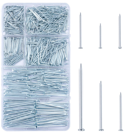 700pcs Hardware Nails for Hanging Pictures, Up to 2"-Long Finish Nails Assortment Kit for Wall Art Decor, 640 Frame Nails and 60 Small Finishing Nails for Drywall Wood - Silver Picture Hangers