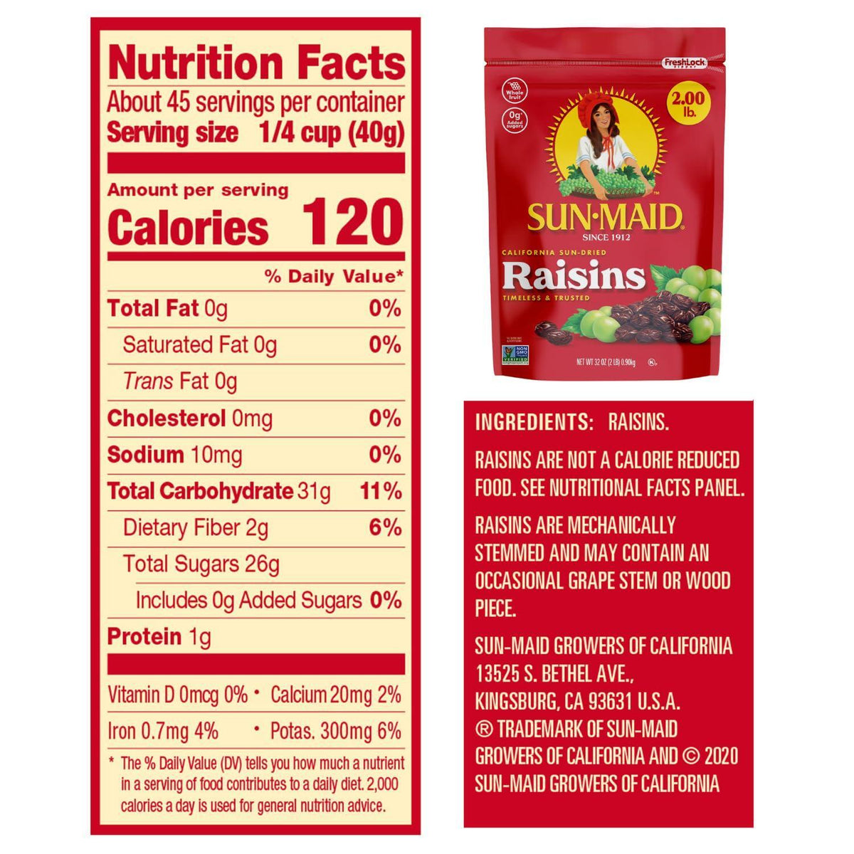 Sun-Maid California Sun-Dried Raisins - (2 Pack) 32 oz Resealable Bag - Dried Fruit Snack for Lunches, Snacks, and Natural Sweeteners