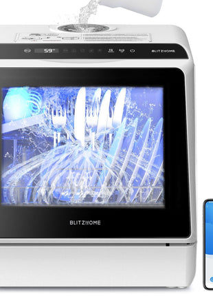 BLITZHOME Portable Dishwasher Countertop, WIFI Smart Dishwasher, Compact Dishwashers with 5L Built-in Water Tank, 6 Programs, 360° Dual Spray, High-Temp& Air-Dry Function, Fruit Cleaning