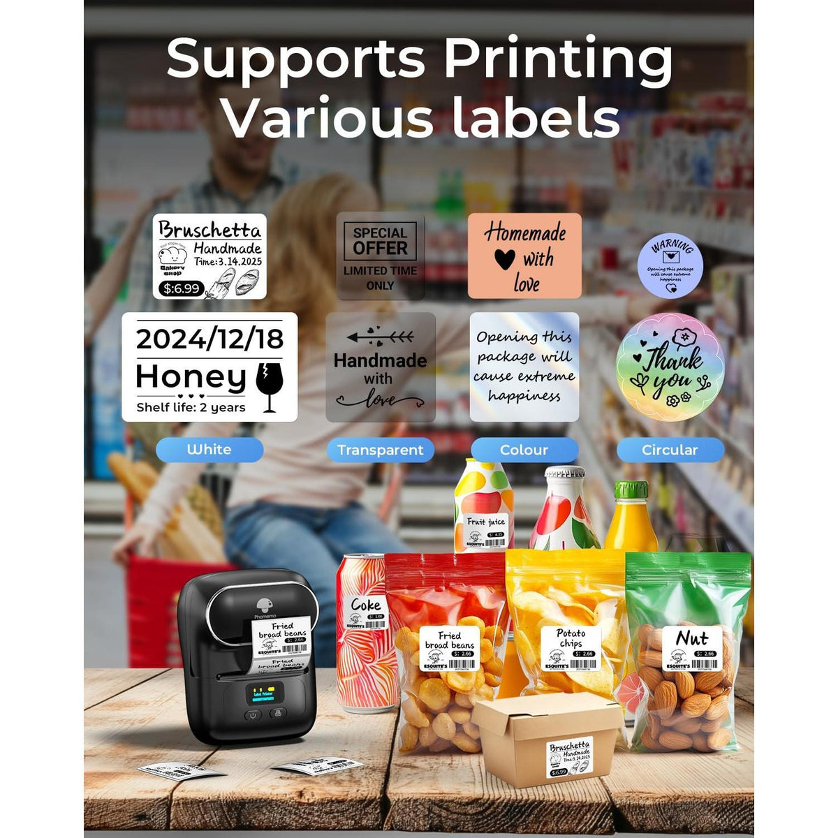 Phomemo M110 Label Makers - Barcode Label Printer Bluetooth Label Maker Portable Thermal Printer for Small Business, Address, Barcode, Logo, Clothing, Mailing, Sticker Printers for Phones & PC, Black