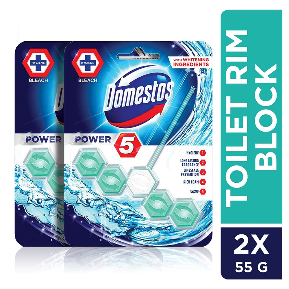 Domestos Power 5 Toilet Rim Block, Chlorine, Limescale Removal With Long Lasting Fragrance, Provides Hygiene & Shine, 2x55gms