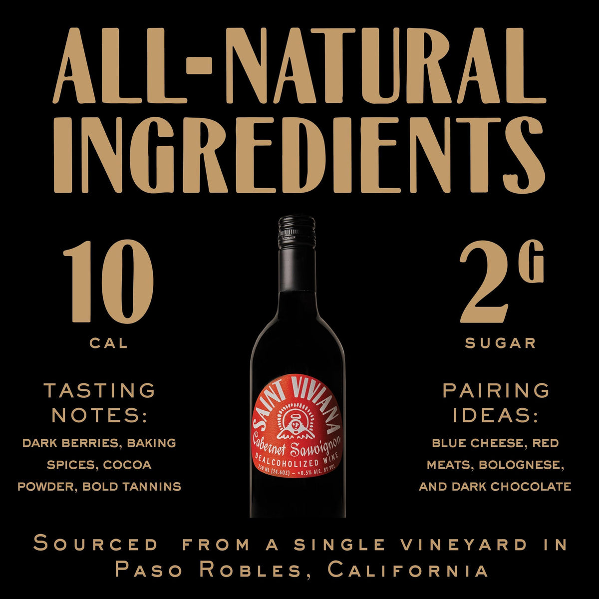 Saint Viviana Non-Alcoholic Cabernet Sauvignon, Non Alcoholic Red Wine, Gluten Free, Low Sugar, Zero Proof, California Dealcoholized Wine, Blackberry, Plum, Coffee & Vanilla Notes, 24.6 fl oz Bottle