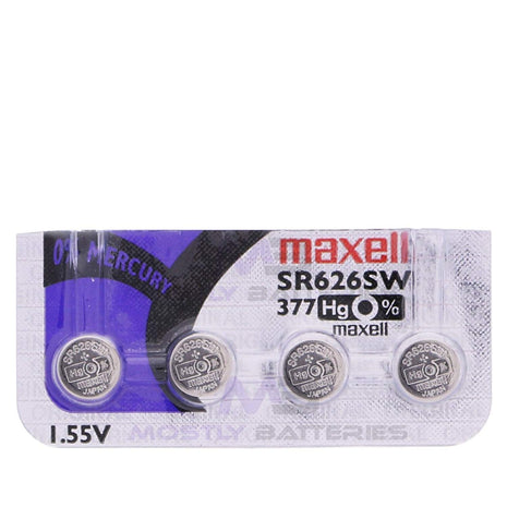 Maxell 377 SR626SW 1.55 Volt Silver Oxide Watch Batteries Factory Hologram (4 Batteries)