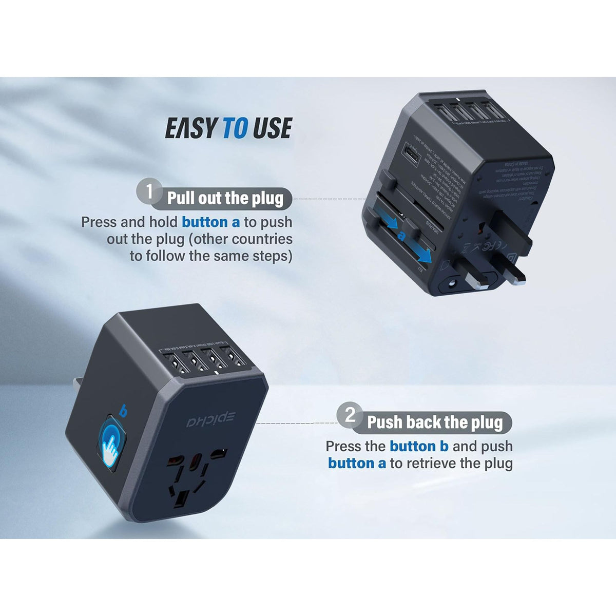 EPICKA Universal Travel Adapter, European Travel Plug Adapter (Not a Voltage Converter) - International Power Adapter Worldwide Charger with USB-C & 4 USB-A Ports, Travel Essentials (TA-105, Grey)