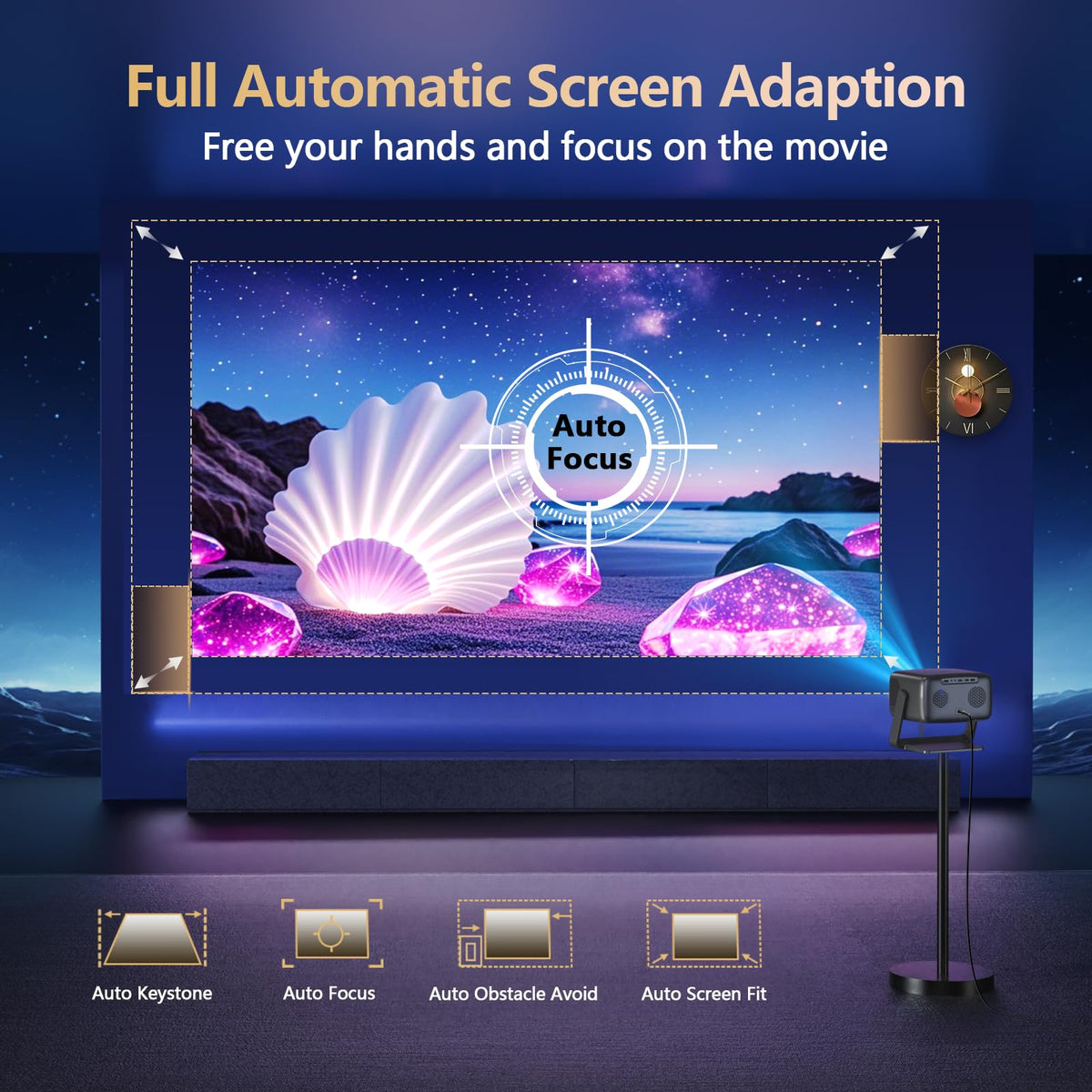 [2000 ANSI/ Official-NetfIix/360°Stand] Outdoor Projector with WiFi and Bluetooth, Auto Focus, Auto Keystone 4K Projector Native 1080P Support 36W DoIby Audio 500'' Display Smart Proyector
