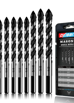 10-Piece Masonry Drill Bit Set for Concrete Tile Glass Ceramic Brick,1/8 to 1/2 Inch Drilling Bits with Triangle Handle,Tungsten Steel Alloy Tip.(Black)