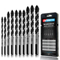 10-Piece Masonry Drill Bit Set for Concrete Tile Glass Ceramic Brick,1/8 to 1/2 Inch Drilling Bits with Triangle Handle,Tungsten Steel Alloy Tip.（Black）