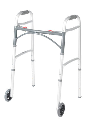 Drive Medical Two-Button Folding Walker with Wheels, Height Adjustable | Two-Button Rolling Walker Features Dual Push-Button Operation, Adjustable Height and Durable Aluminum Frame