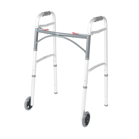 Drive Medical Two-Button Folding Walker with Wheels, Height Adjustable | Two-Button Rolling Walker Features Dual Push-Button Operation, Adjustable Height and Durable Aluminum Frame