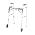 Drive Medical 10210-1 2-Button Folding Walker with Wheels, Rolling Walker, Front Wheel Walker, Lightweight Walkers for Seniors and Adults Weighing Up To 350 Pounds, Adjustable Height, Silver