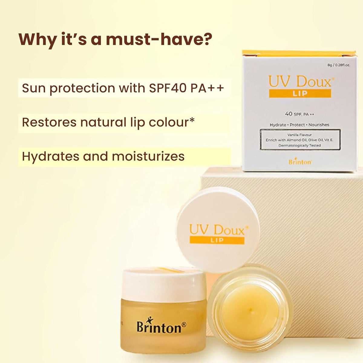 UV Doux Lip Lightening Balm with SPF 40 PA ++| Enriched with Almond Oil, Olive Oil & Vitamin E | Restores Natural Lip Colour | Hydrates, Protects, Nourishes | Expert Care, Dermatologically Approved | Unisex Lip Balm | 8g, Vanilla