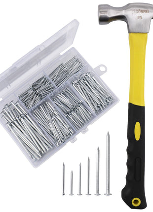 376PCS Nails & Hammer Set, 8oz Hammer, 6 Nail Sizes for Hanging Pictures | Rustproof Coating, Soft Non-Slip Grip, Perfect for Home Repairs, Woodworking, and Handmade Projects