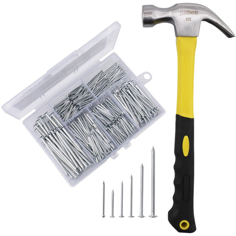 376PCS Nails & Hammer Set, 8oz Hammer, 6 Nail Sizes for Hanging Pictures | Rustproof Coating, Soft Non-Slip Grip, Perfect for Home Repairs, Woodworking, and Handmade Projects