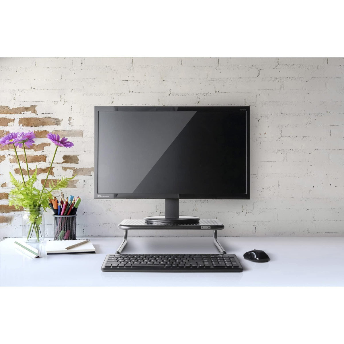 Allsop Metal Art Jr. Monitor Stand, 14-Inch wide platform holds 40 lbs with keyboard storage space - Pearl Black (30165)