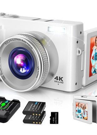 Duluvulu 4K Digital Camera for Photography Autofocus, 2026 Latest 48MP Vlogging Camera for YouTube with SD Card, 2 Batteries, 3" 180°Flip Screen Compact Travel Camera for Teens with 16X Zoom,Off White