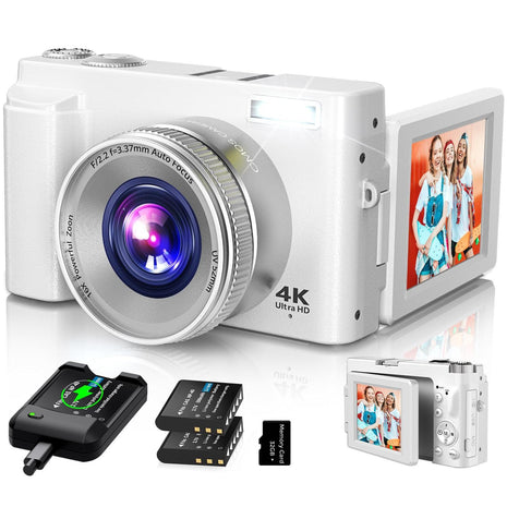 Duluvulu 4K Digital Camera for Photography Autofocus, 2026 Latest 48MP Vlogging Camera for YouTube with SD Card, 2 Batteries, 3" 180°Flip Screen Compact Travel Camera for Teens with 16X Zoom,Off White