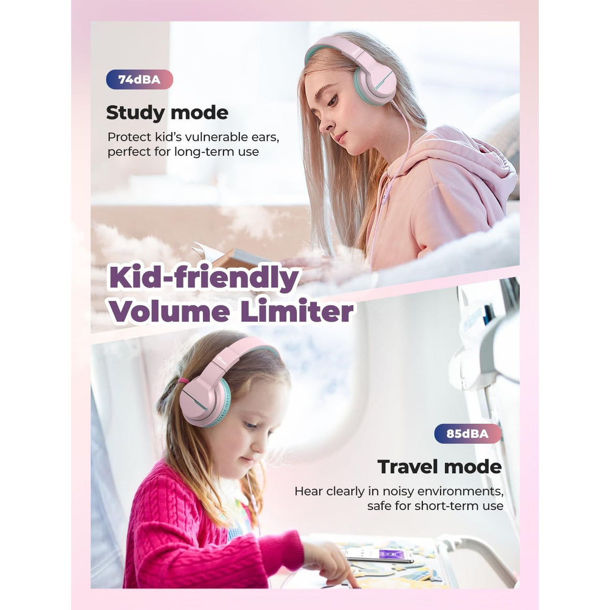 iClever HS19 Kids Headphones with Microphone for School, Safe Volume Limited, Over-Ear Girls Boys Headphones for Kids with Shareport, Foldable Wired for iPad/Travel (Pink)