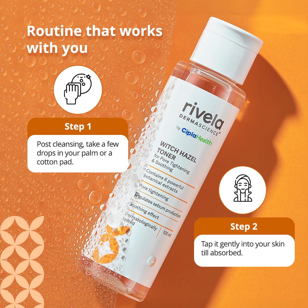 Rivela Dermascience Witch Hazel Face Toner By Cipla | For Pore Tightening & Soothing | Alcohol Free | Hydrating Toner For Glowing Skin | With 6 Botanical Extracts | Regulates Sebum Production | 100 ml