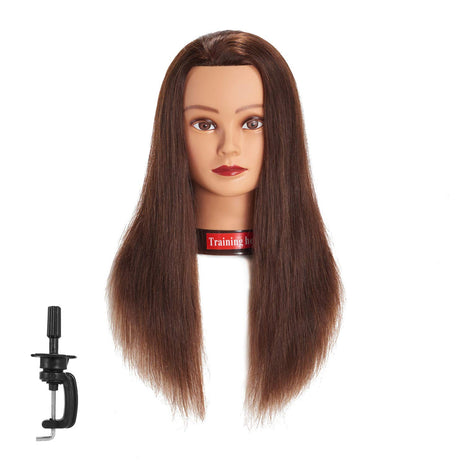Traininghead 20-22 inch Female 100% Human Hair Mannequin Head Hair Styling Training Head Cosmetology Manikin Head Doll Head for Hairdresser with Free Clamp (brown)（14-16'' ）