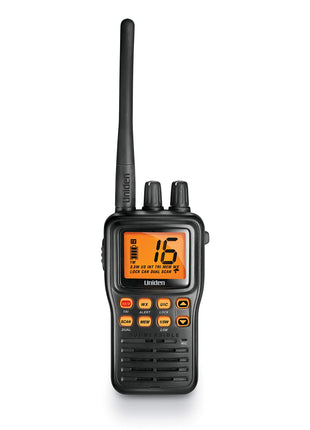 Uniden MHS75 Waterproof Handheld 2-Way VHF Marine radio, Submersible, Selectable 1/2.5/5 Watt Transmit Power. All USA/International and Canadian Marine Channels - Color Black