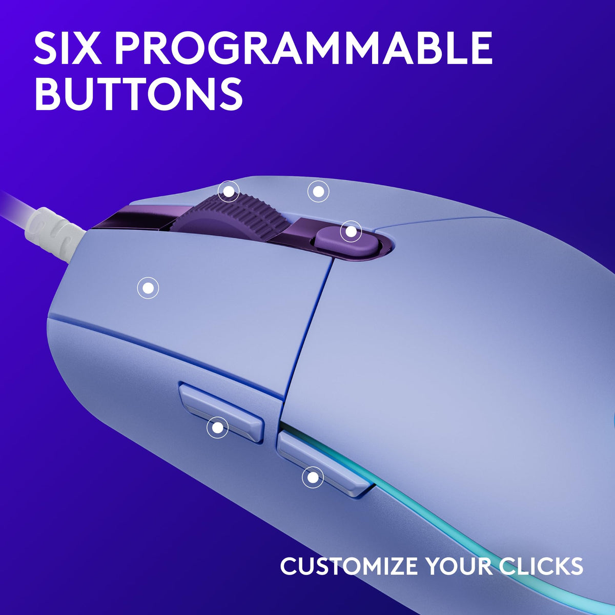 Logitech G203 Wired Gaming Mouse, 8,000 DPI, Rainbow Optical Effect LIGHTSYNC RGB, 6 Programmable Buttons, On-Board Memory, Screen Mapping, PC/Mac Computer and Laptop Compatible - Lilac