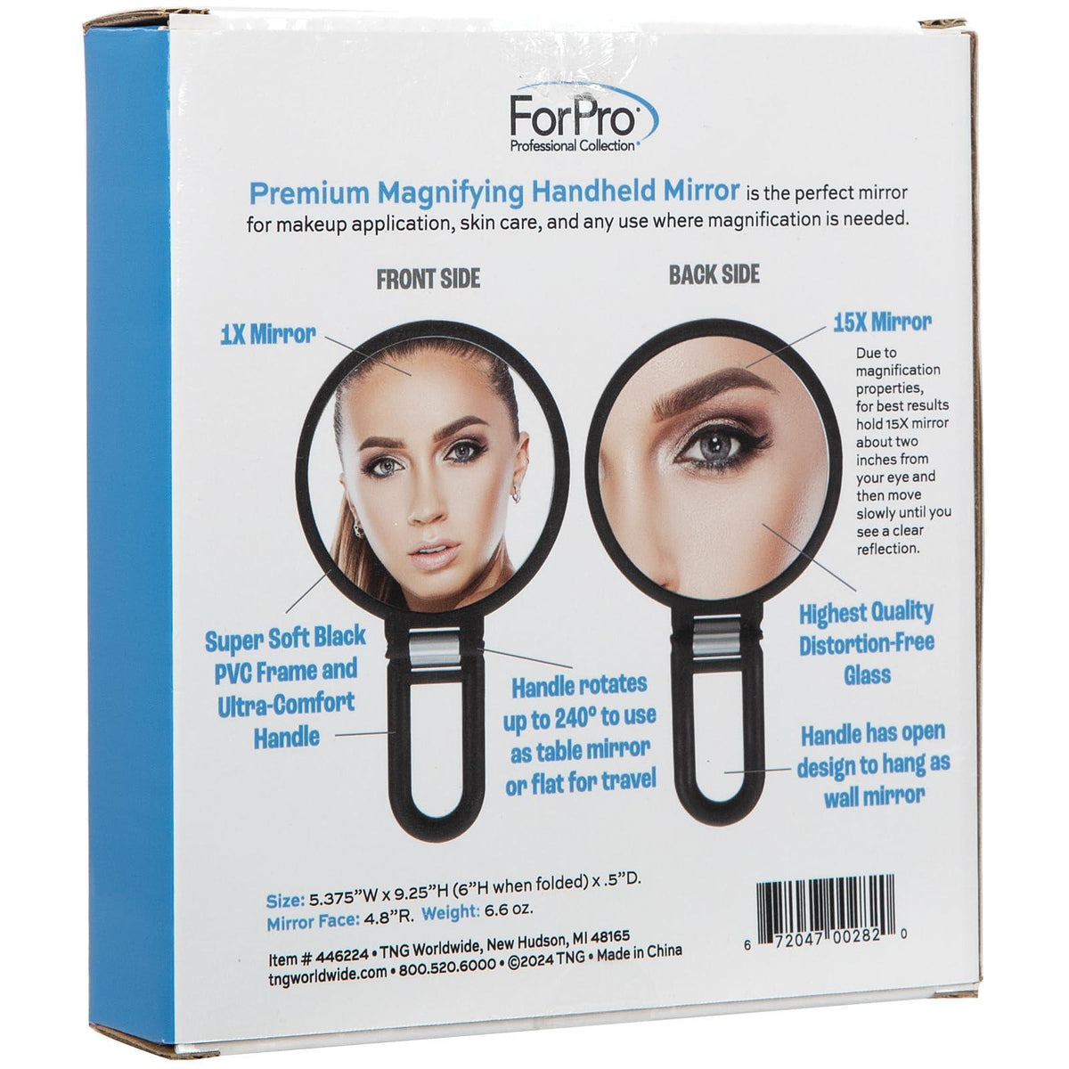 ForPro Professional Collection Premium Magnifying Handheld Mirror, 1X/15X Magnification Hand Mirror, Folding Adjustable Handle, for Makeup, Travel, Black