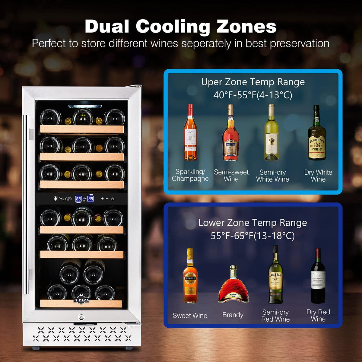 Tylza Mini Fridge 15 Inch Wine Cooler Under Counter, 33 Bottle Dual Zone Wine Fridge with Stainless Steel, Wine Refrigerator Freestanding, Built-in Wine Cellars