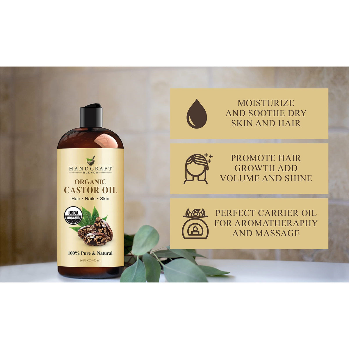 Handcraft Blends Organic Castor Oil - 16 Fl Oz - 100% Pure and Natural - Premium Grade Carrier Oil for Hair Growth, Eyelashes and Eyebrows - Hair and Body - Expeller-Pressed & Hexane-Free