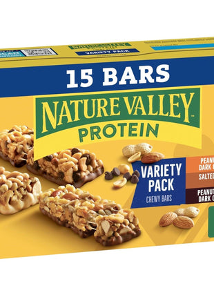 Nature Valley Protein Bars Variety Pack, Gluten Free Chewy Granola Snack Bars, 10g Protein, Peanut Butter Dark Chocolate, Salted Caramel Nut, Peanut Almond Dark Chocolate, 15 Count, 21.3 oz Box