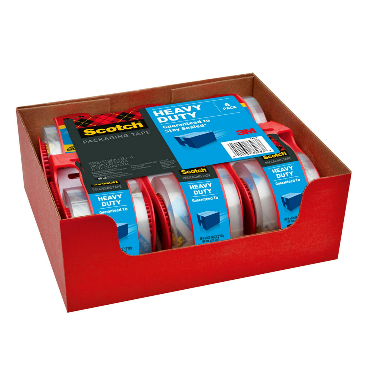 Scotch Heavy Duty Shipping Packing Tape, Clear, Packing Tape for Moving Boxes and Packaging Supplies, 1.88 in. x 22.2 yd., 6 Roll Dispensers, Moving Supplies