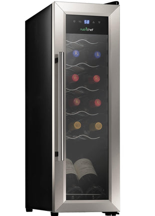 Nutrichef 12 Bottle Stainless Steel Slim Wine Fridge | Red & White Wine Chiller | Adjustable Temperature Control, Ultra Quiet Operation & Energy Efficient | Mini Wine Cooler Refrigerator | 31x10x17 IN