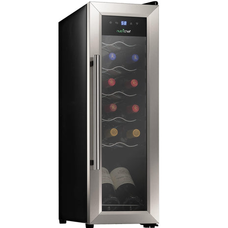 Nutrichef 12 Bottle Stainless Steel Slim Wine Fridge | Red & White Wine Chiller | Adjustable Temperature Control, Ultra Quiet Operation & Energy Efficient | Mini Wine Cooler Refrigerator | 31x10x17 IN