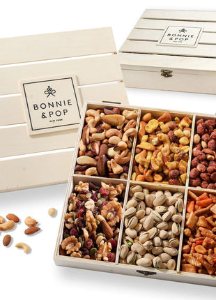 Nut Gift Basket, in Reusable Wooden Crate, Healthy Gift Option, Gourmet Snack Food Box, with Unique Flavors, Great for Feel Better, Sympathy & Birthday- Bonnie & Pop