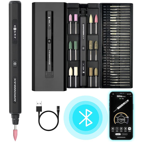 AM ARROWMAX Smart Engraving Pen, HollowCup Motor, 42 Bits with Aluminum Case, OLED, Magnetic Charge, Mini Electric Engraving Tool for Metal, Wood, Glass and Plastic (SGS PRO)