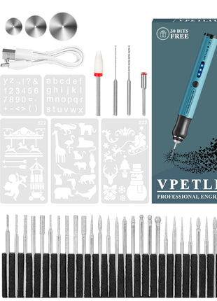 Engraving Pen by VPETLITM, Ultimate Cordless Portable Tool for Artists & DIYers - Engrave 50+ Surfaces - Beginner Friendly - Rechargeable - Free 30 Bits & Mastery Guide & Stencils