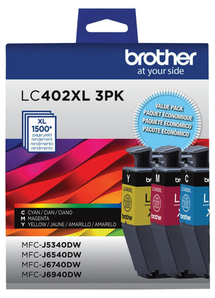 Brother Genuine LC402XL 3PK 3 Pack of High Yield Cyan, Magenta and Yellow Ink Cartridges, Black