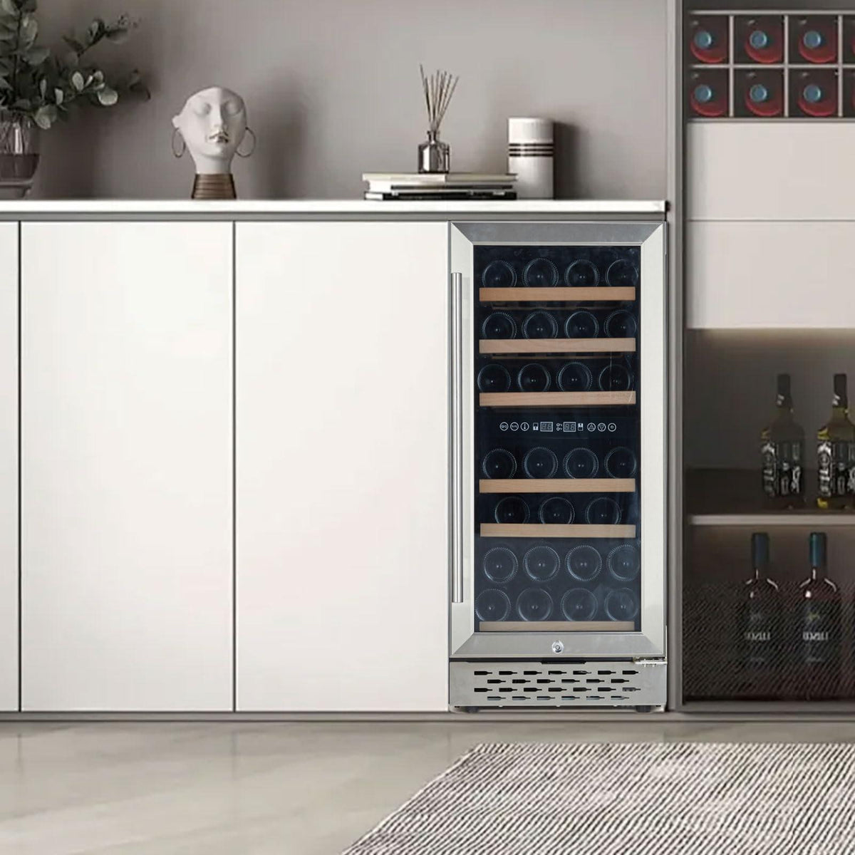 15 Inch Wine Cooler Refrigerator - 28 Bottle Capacity, Double-Layer Glass Door, Temperature Stable System, Digital Control, Single Area Dual Temperature, Built-in or Freestanding, with Lock