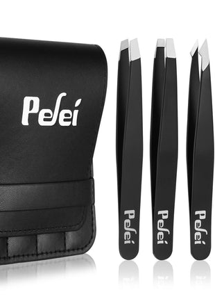 Pefei Tweezers Set - Professional Stainless Steel Tweezers for Eyebrows - Great Precision for Facial Hair, Splinter and Ingrown Hair Removal (Black)