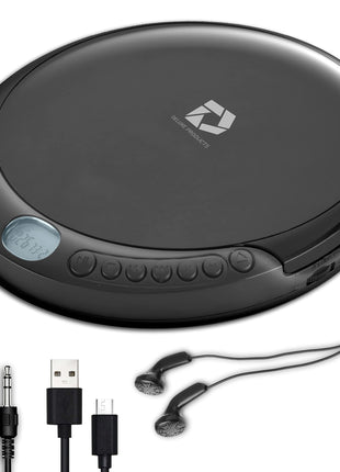 Deluxe Products CD Player Portable with 60 Second Anti Skip, Stereo Earbuds, Includes Aux in Cable and AC USB Power Cable for use at Home or in Car
