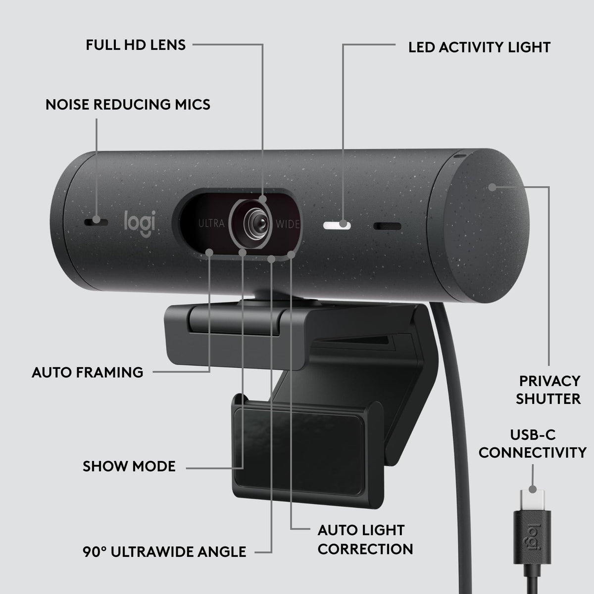 Logitech Brio 505 Full HD Webcam with auto Light Correction, auto-framing, Show Mode, Dual Noise Reduction mics, Privacy Shutter - Works with Microsoft Teams, Google Meet, Zoom, TAA Compliant