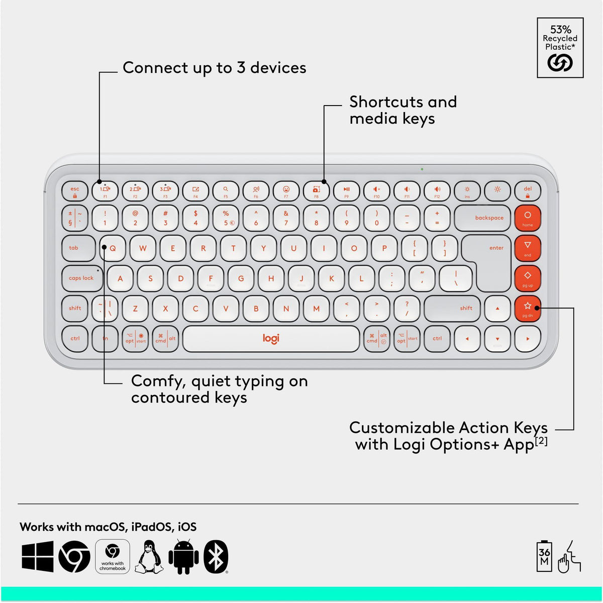 Logitech POP ICON Combo, Bluetooth Keyboard and Mouse Combo, Comfortable Typing, programmable Keys and Buttons, Quiet clicks, Easy-Switch up to 3 Devices - Off-White