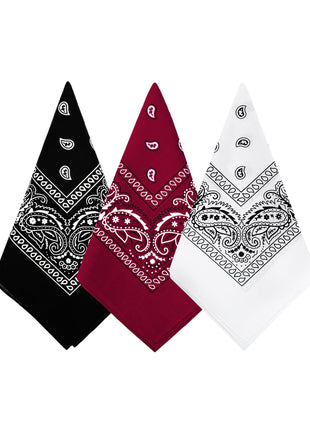 Bycc Bynn 3 Pack 100% Cotton Paisley Bandanas Square Scarf Headwear (Black + Burgundy + White)