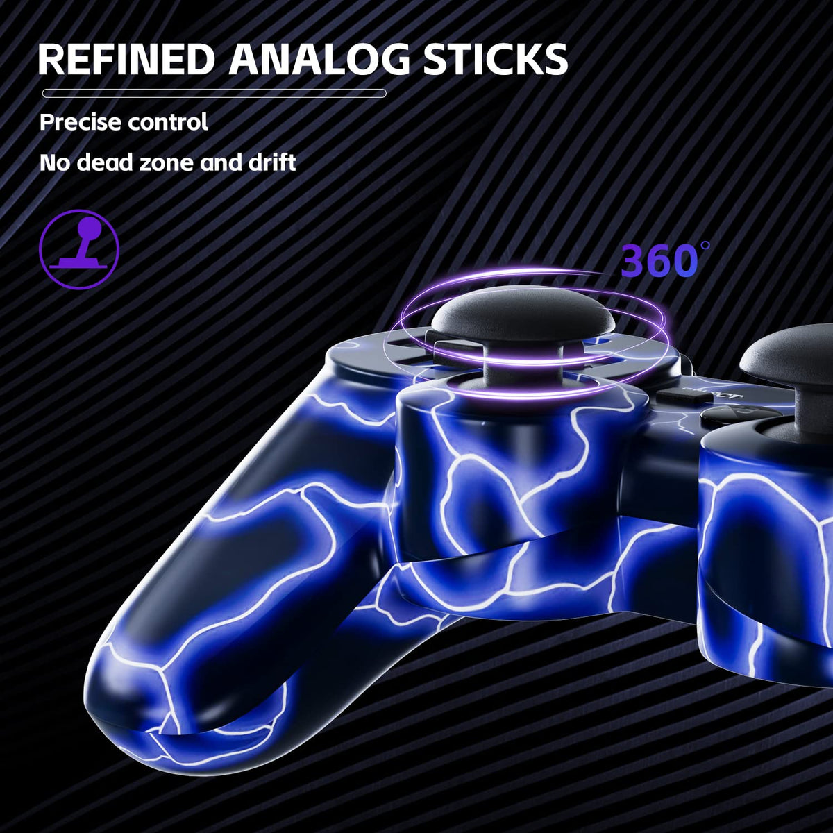 Burcica Wireless Controller for PS-3 Motion Sense Double Vibration Upgraded Gaming Remote for Play 3 with Charging Cord (Blue+Purple)